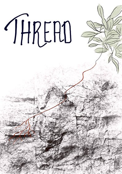 Cover sketch for Thread: a root threading through grey stone toward green leaves